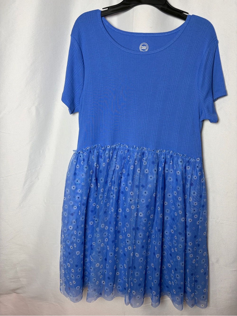 wonder nation Blue Short Sleeve Knit Dress with Floral Tulle Skirt